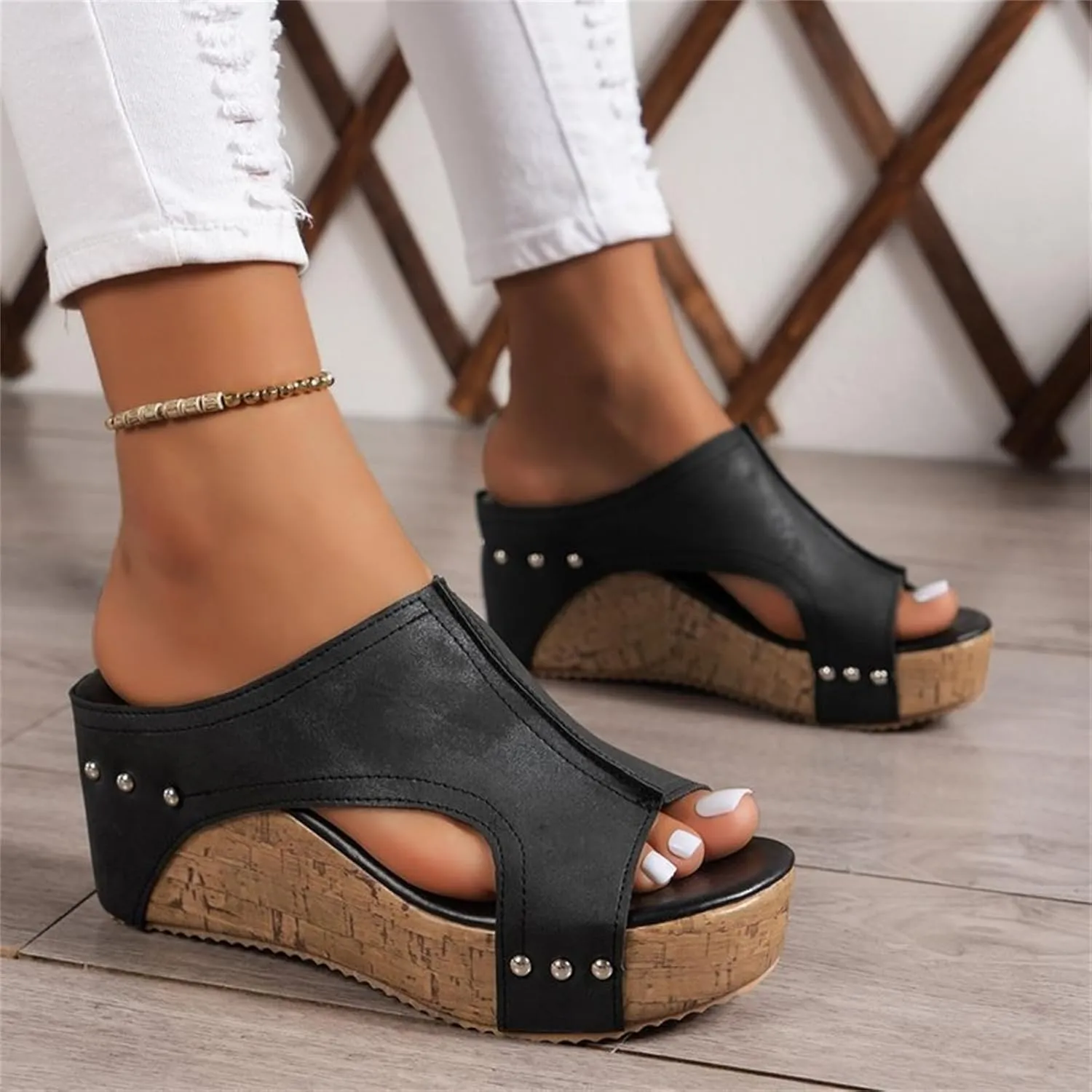 Cork Wedges & Platform Slides, Women's Thick Sole Comfy Leather Wedge Non-slip Summer Sandals,cork wedge sandal for women wide width