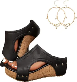 Cork Wedges & Platform Slides, Women's Thick Sole Comfy Leather Wedge Non-slip Summer Sandals,cork wedge sandal for women wide width