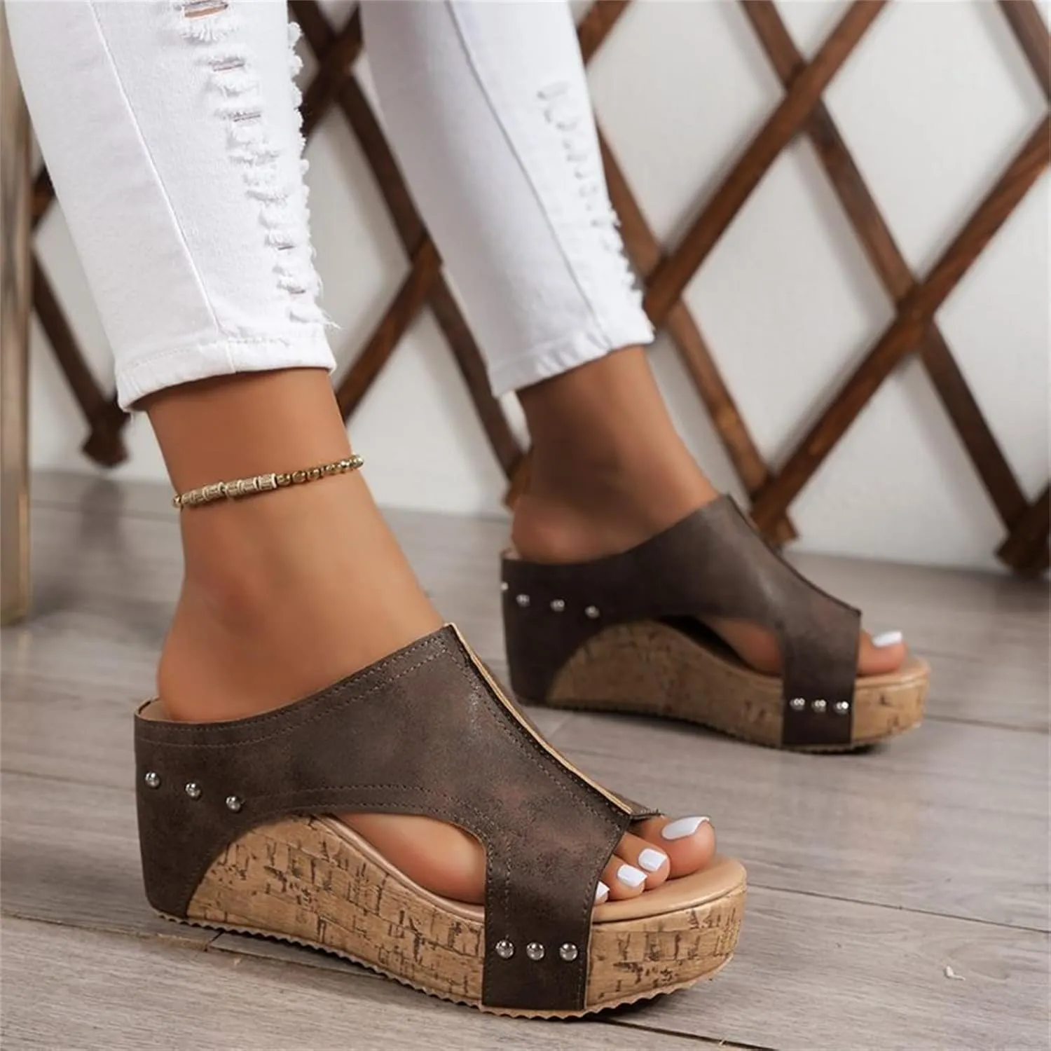Cork Wedges & Platform Slides, Women's Thick Sole Comfy Leather Wedge Non-slip Summer Sandals,cork wedge sandal for women wide width