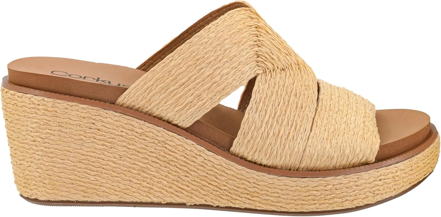 Corkys Footwear Women's Golden Hour Wedge Sandals with 2.5-Inch Heel - Comfort-Enhancing EVA Insoles, All-day wear, and Stylish Raffia Straps With Cutouts