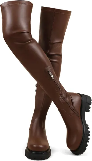 CouieCuies Black Thigh High Boots For Women Platform Over The Knee High Boots Lug Sole Comfortable Stretch Boots 6-11