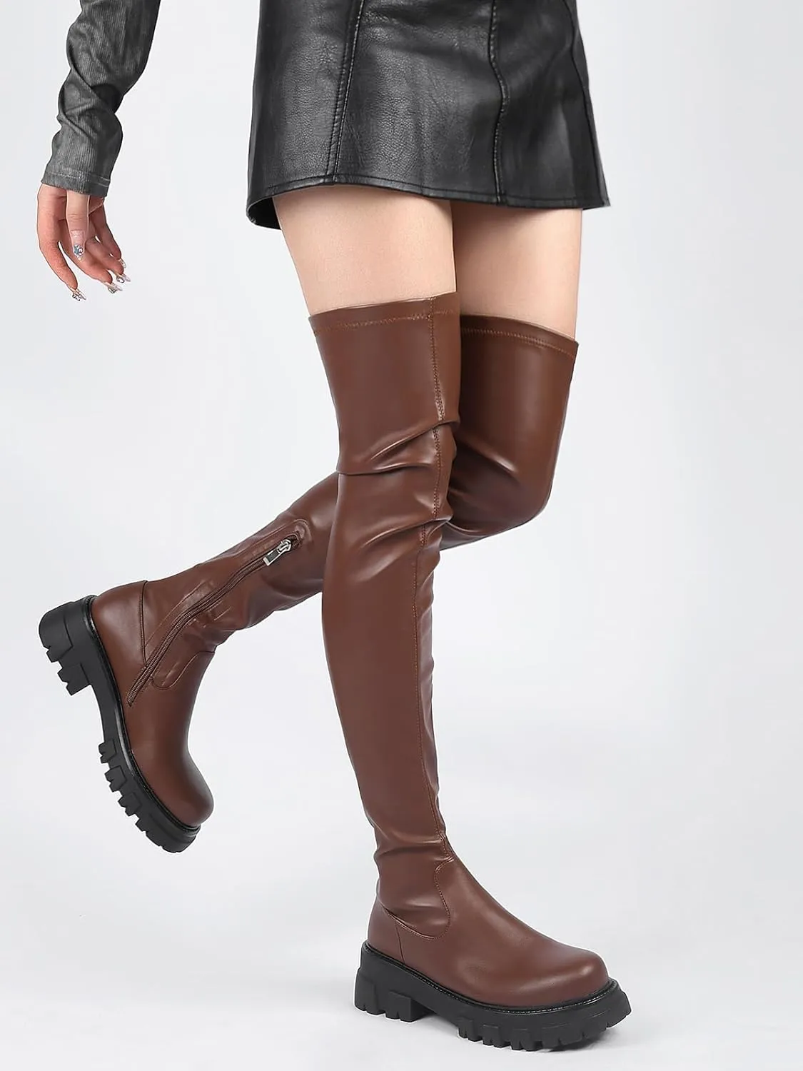 CouieCuies Black Thigh High Boots For Women Platform Over The Knee High Boots Lug Sole Comfortable Stretch Boots 6-11