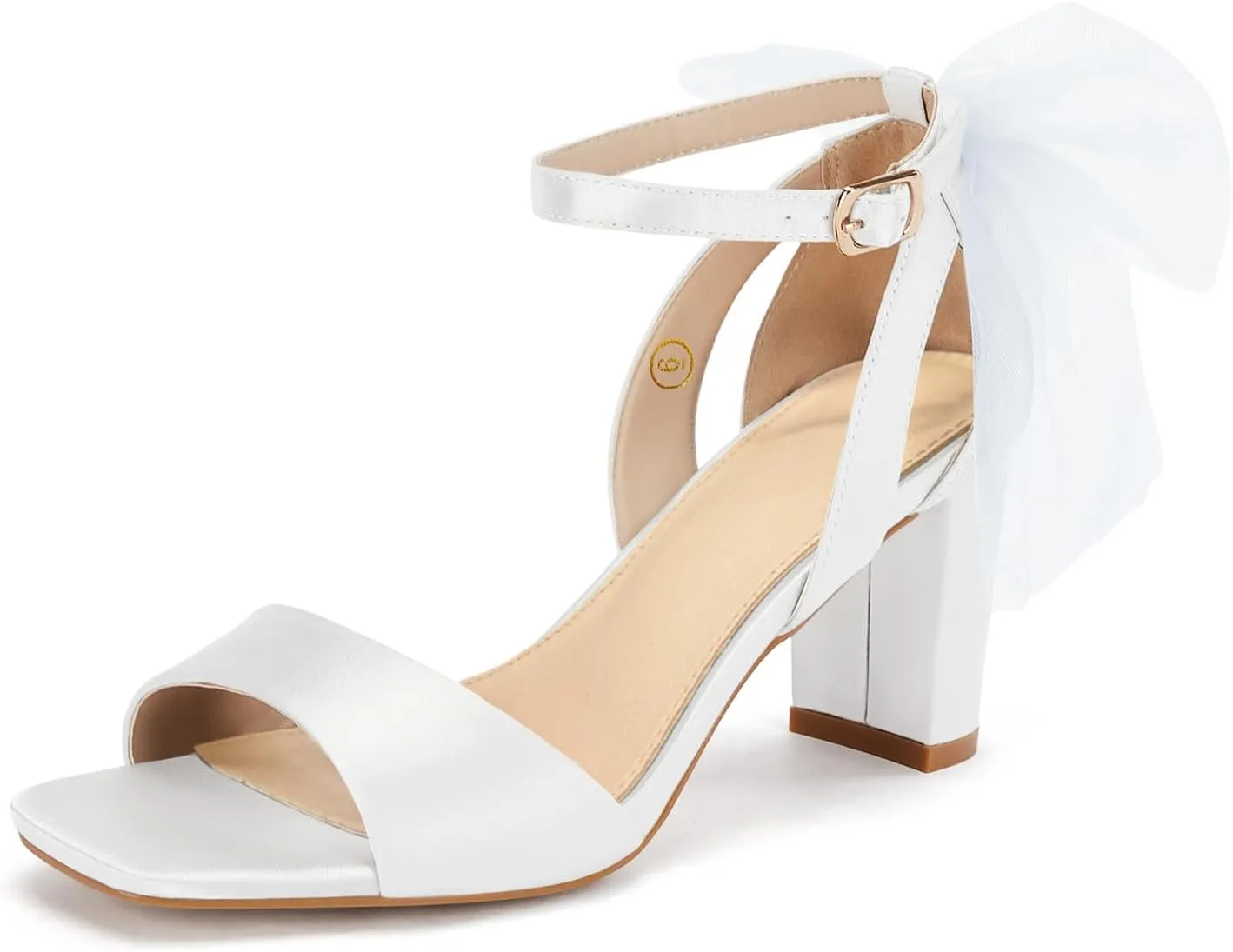 Coutgo Women's Bow Tie Heeled Sandals Chunky Heels One Strap Satin Ankle Buckle Dress Wedding Shoes
