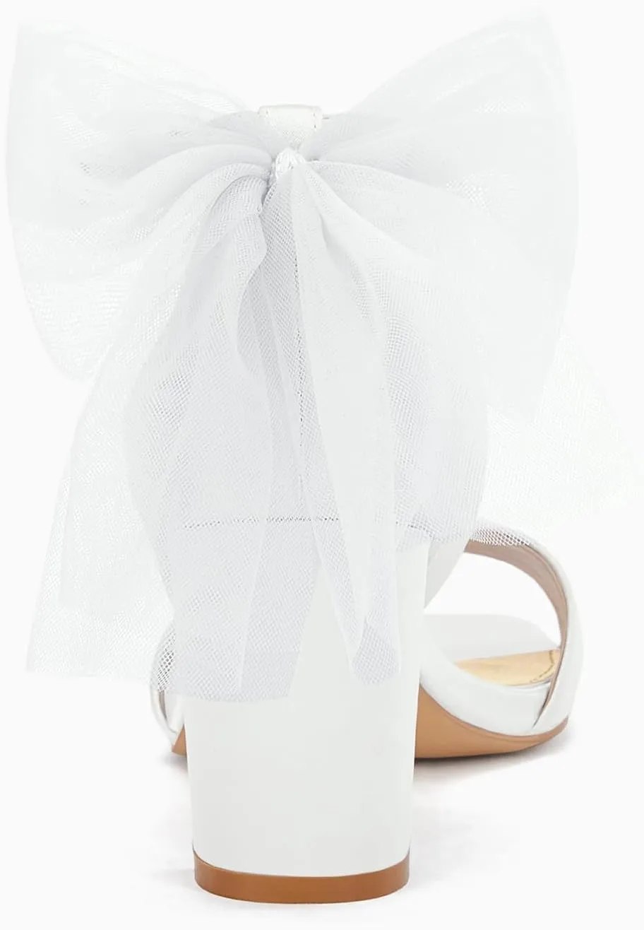 Coutgo Women's Bow Tie Heeled Sandals Chunky Heels One Strap Satin Ankle Buckle Dress Wedding Shoes