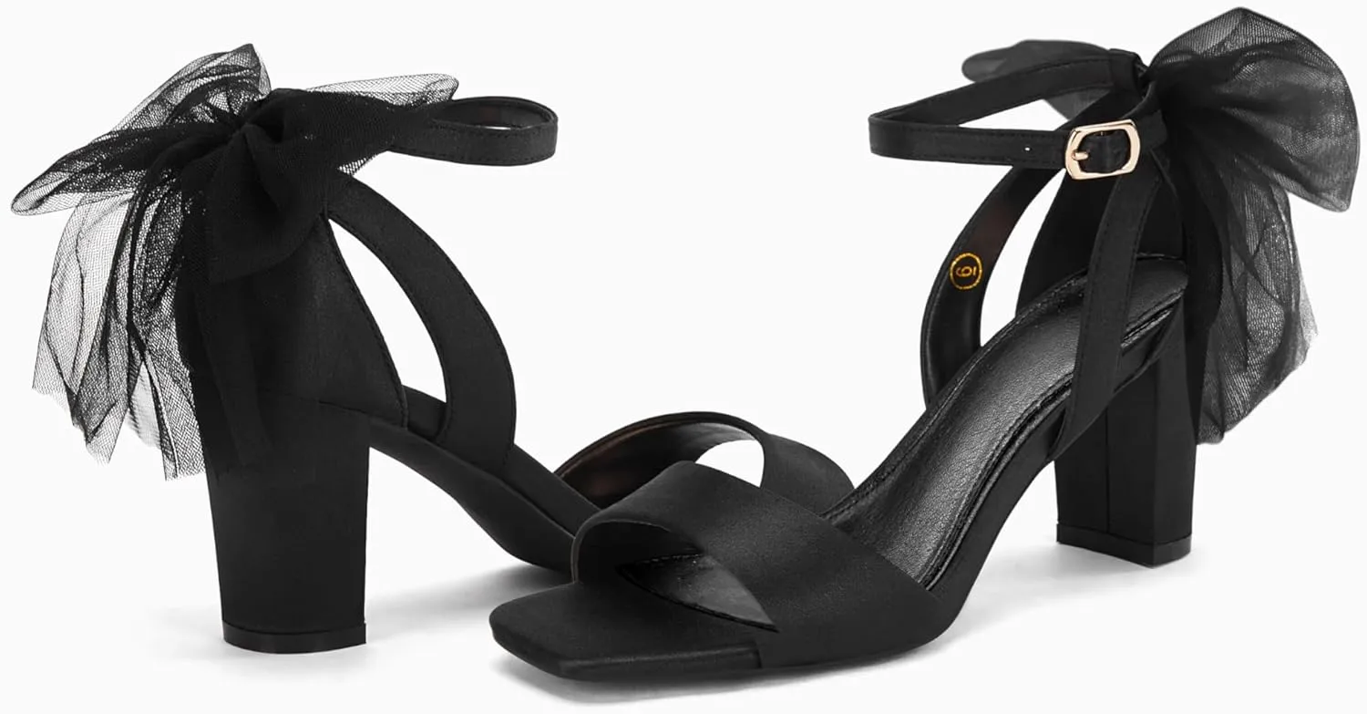 Coutgo Women's Bow Tie Heeled Sandals Chunky Heels One Strap Satin Ankle Buckle Dress Wedding Shoes