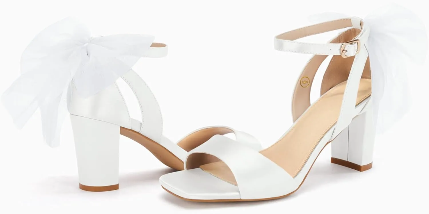Coutgo Women's Bow Tie Heeled Sandals Chunky Heels One Strap Satin Ankle Buckle Dress Wedding Shoes