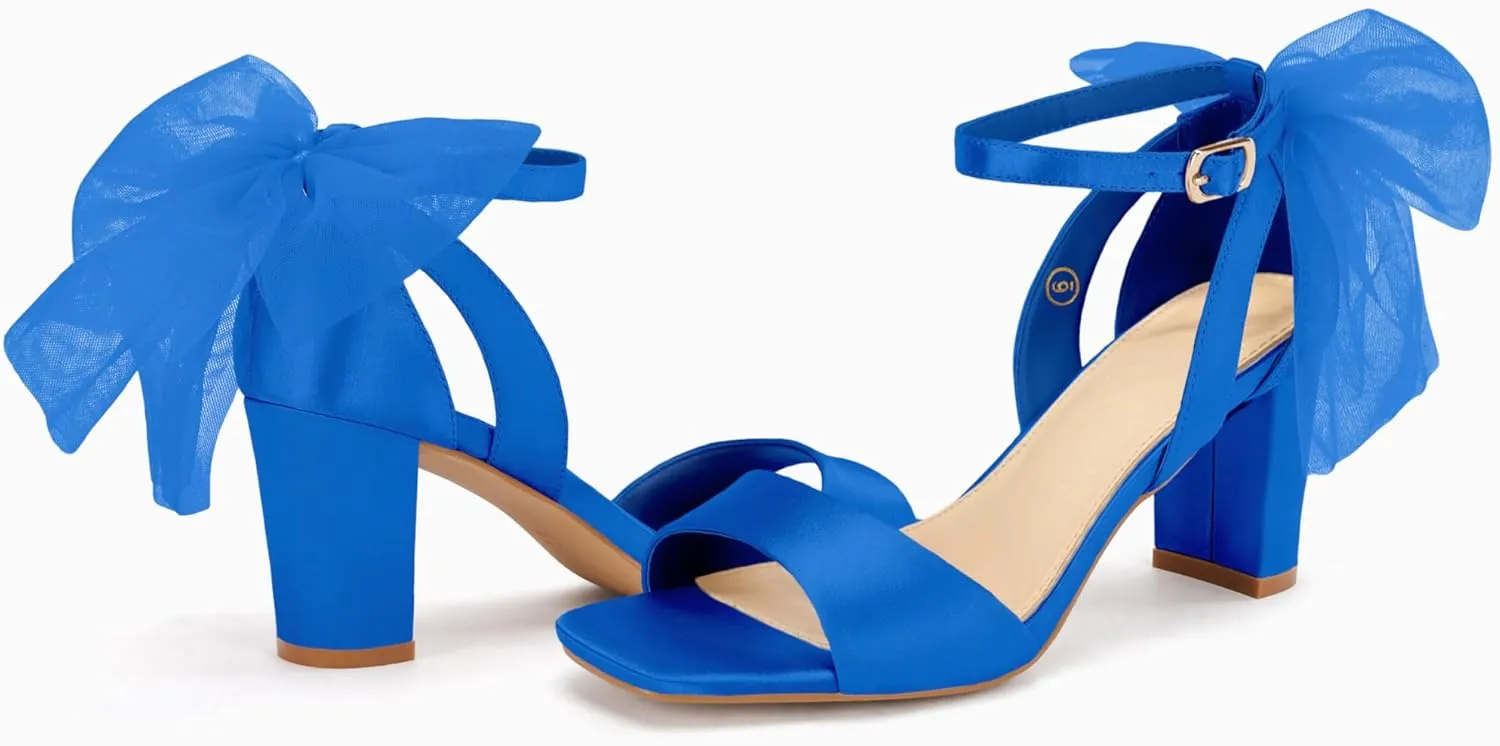 Coutgo Women's Bow Tie Heeled Sandals Chunky Heels One Strap Satin Ankle Buckle Dress Wedding Shoes