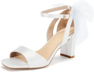 Coutgo Women's Bow Tie Heeled Sandals Chunky Heels One Strap Satin Ankle Buckle Dress Wedding Shoes