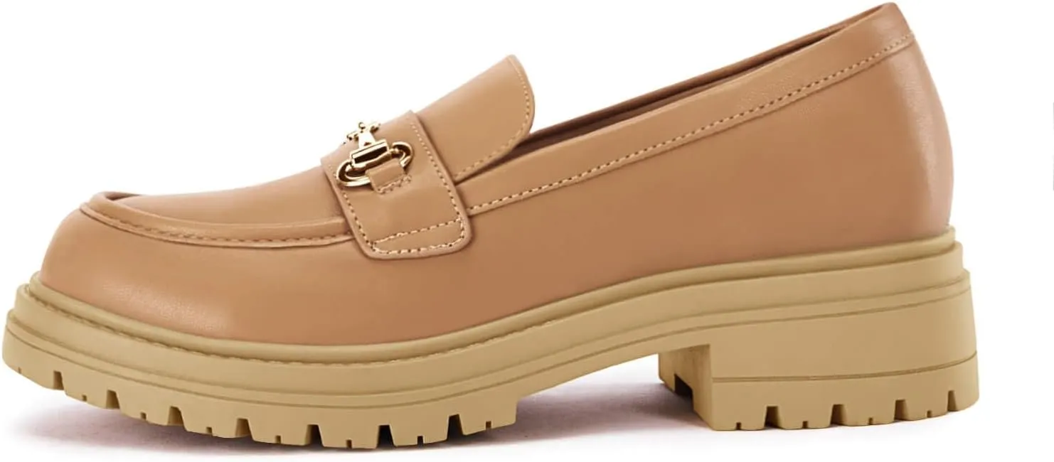 Coutgo Womens Chunky Platform Loafers Low Heel Flats Lug Sole Slip On Penny Loafers Office Work Dress Shoes with Chain