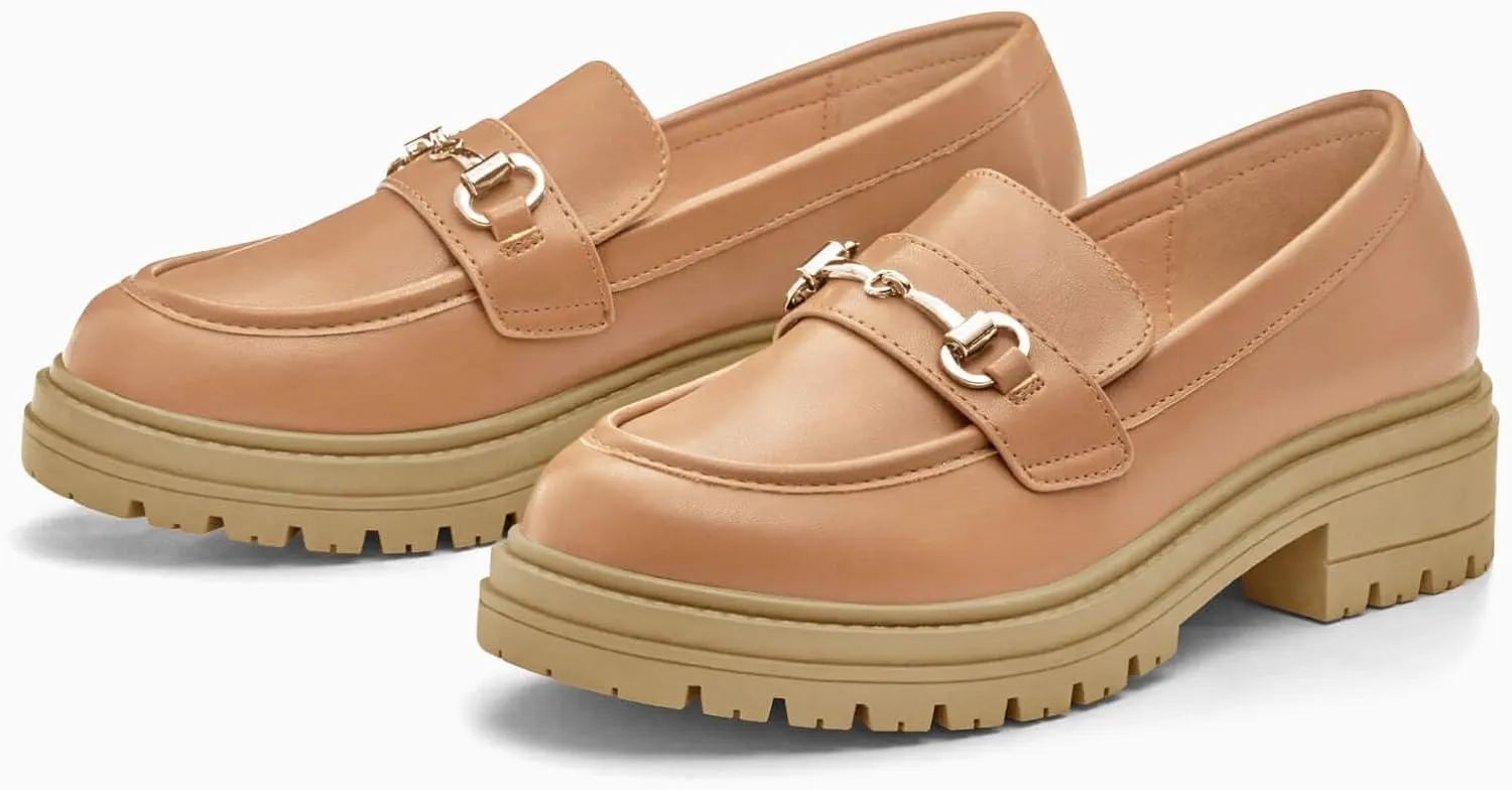 Coutgo Womens Chunky Platform Loafers Low Heel Flats Lug Sole Slip On Penny Loafers Office Work Dress Shoes with Chain