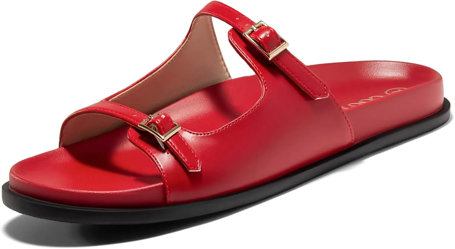 Coutgo Womens Flat Sandals Comfortable Wide Width Slides Double Strap Adjustable Buckle Slip on Shoes