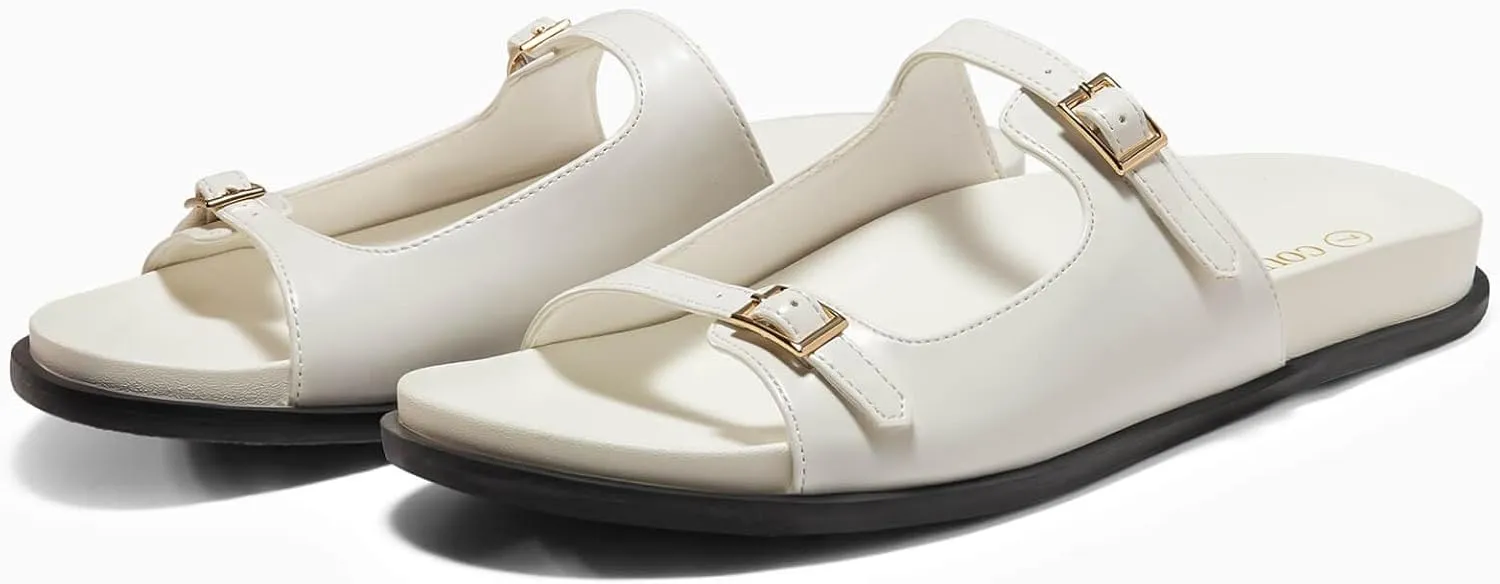 Coutgo Womens Flat Sandals Comfortable Wide Width Slides Double Strap Adjustable Buckle Slip on Shoes