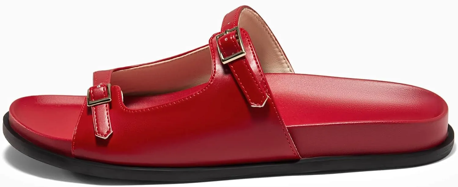 Coutgo Womens Flat Sandals Comfortable Wide Width Slides Double Strap Adjustable Buckle Slip on Shoes