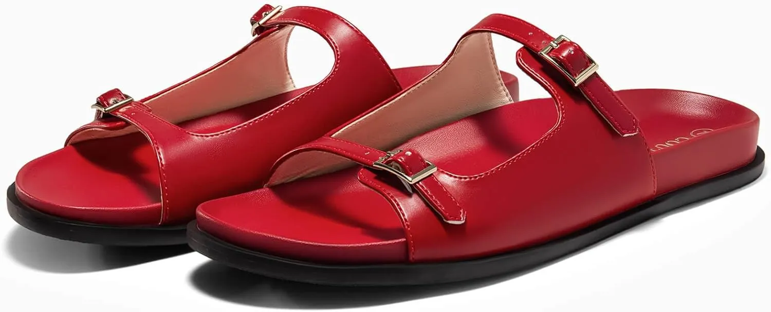 Coutgo Womens Flat Sandals Comfortable Wide Width Slides Double Strap Adjustable Buckle Slip on Shoes