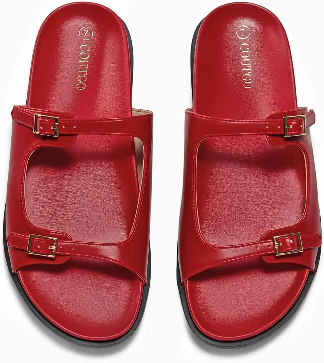 Coutgo Womens Flat Sandals Comfortable Wide Width Slides Double Strap Adjustable Buckle Slip on Shoes