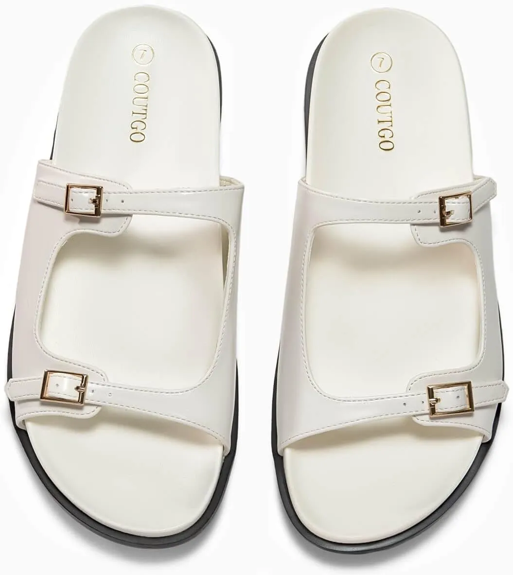 Coutgo Womens Flat Sandals Comfortable Wide Width Slides Double Strap Adjustable Buckle Slip on Shoes