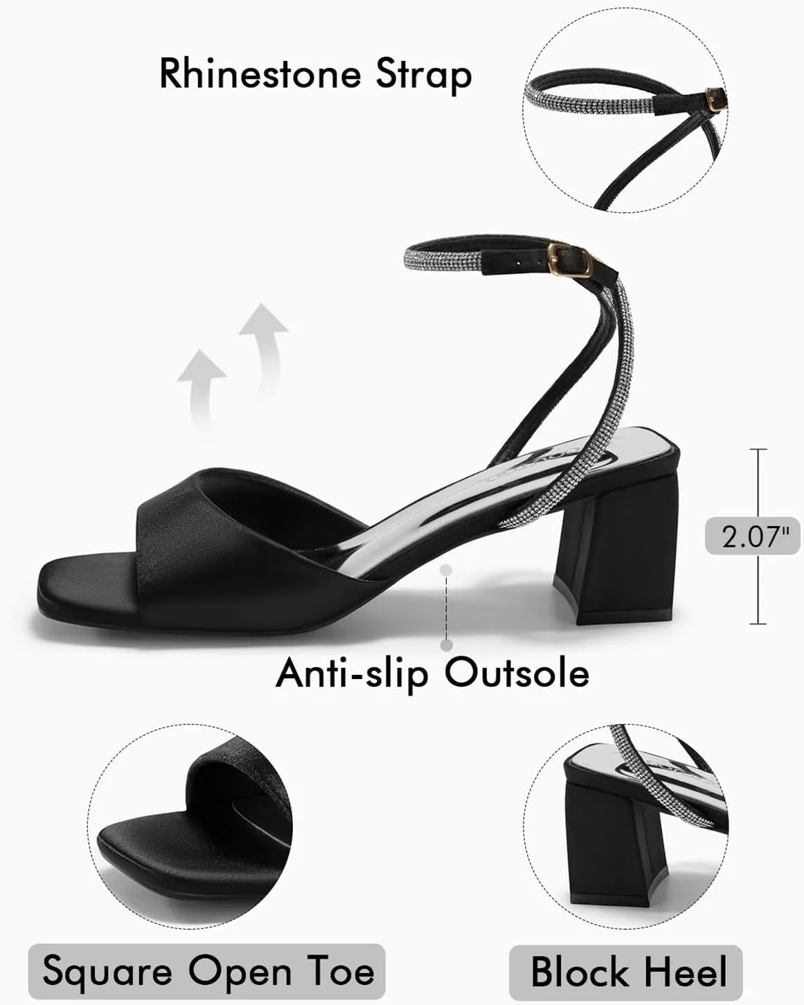 Coutgo Womens Heeled Sandals Rhinestone Chunky Low Heels Satin Square Toe One Strap Ankle Buckle Dress Shoes