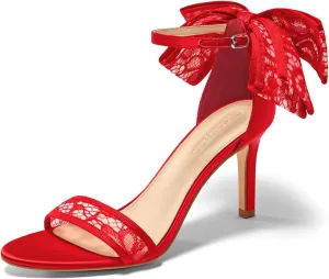 Coutgo Womens High Heels Sandals Lace Bow Tie Back Open Toe Ankle Strap Sexy Stiletto Wedding Party Dress Shoes