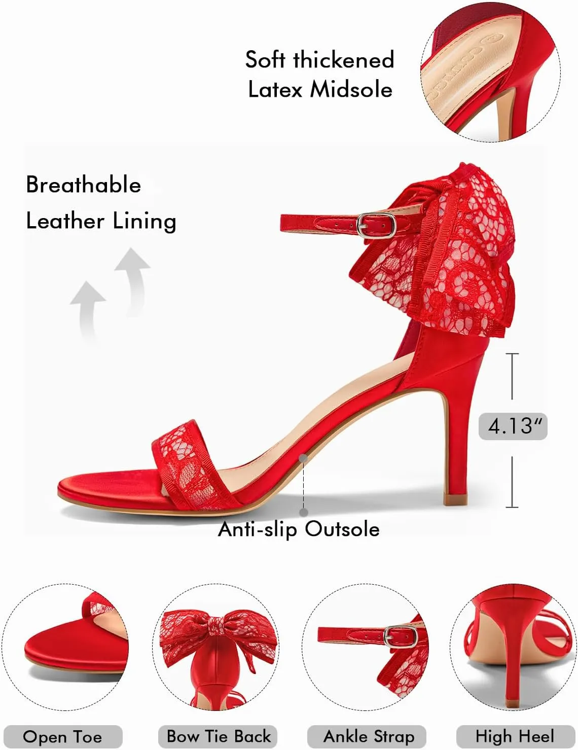 Coutgo Womens High Heels Sandals Lace Bow Tie Back Open Toe Ankle Strap Sexy Stiletto Wedding Party Dress Shoes