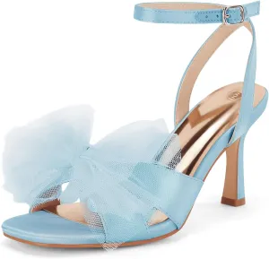 Coutgo Womens Lace Bow Heels Sandals Open Square Toe Stiletto High Heel Ankle Strap Bride Wedding Dress Shoes