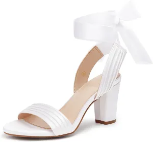 Coutgo Womens Strappy High Heels Chunky Heeled Sandals Bow Tie Lace Up Open Toe Pumps Dress Wedding Comfortable Shoes