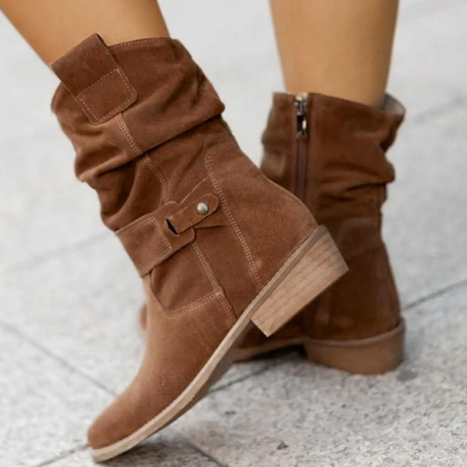 Cowboy Boots for Women Casual Mid Calf Flat Boots Pull on Round Toe Side Zip Cowgirl Fall and Winter Fashion Boots
