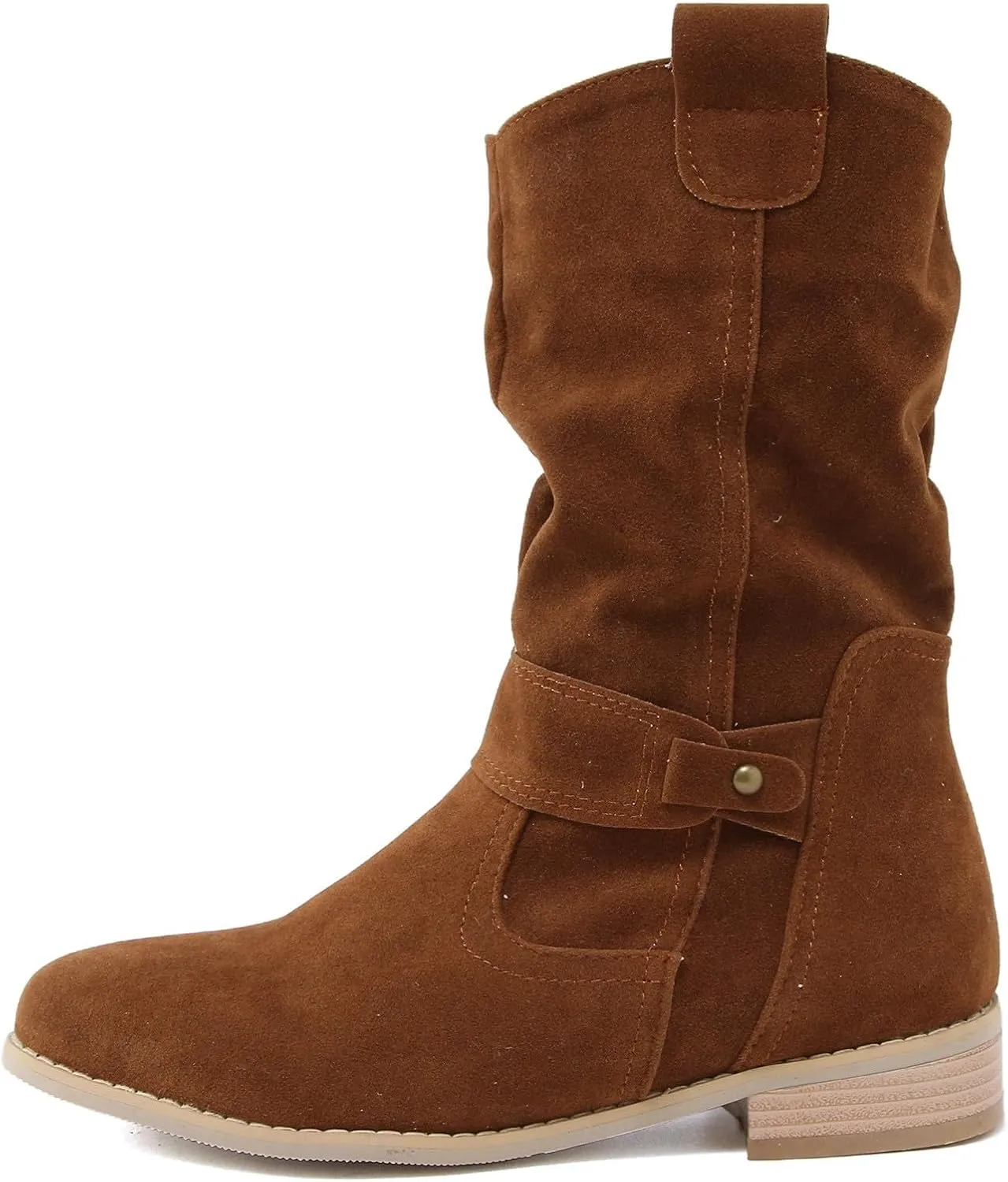 Cowboy Boots for Women Casual Mid Calf Flat Boots Pull on Round Toe Side Zip Cowgirl Fall and Winter Fashion Boots