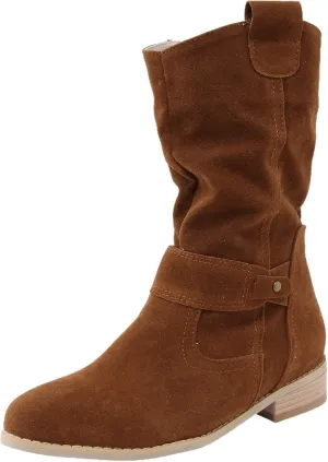 Cowboy Boots for Women Casual Mid Calf Flat Boots Pull on Round Toe Side Zip Cowgirl Fall and Winter Fashion Boots