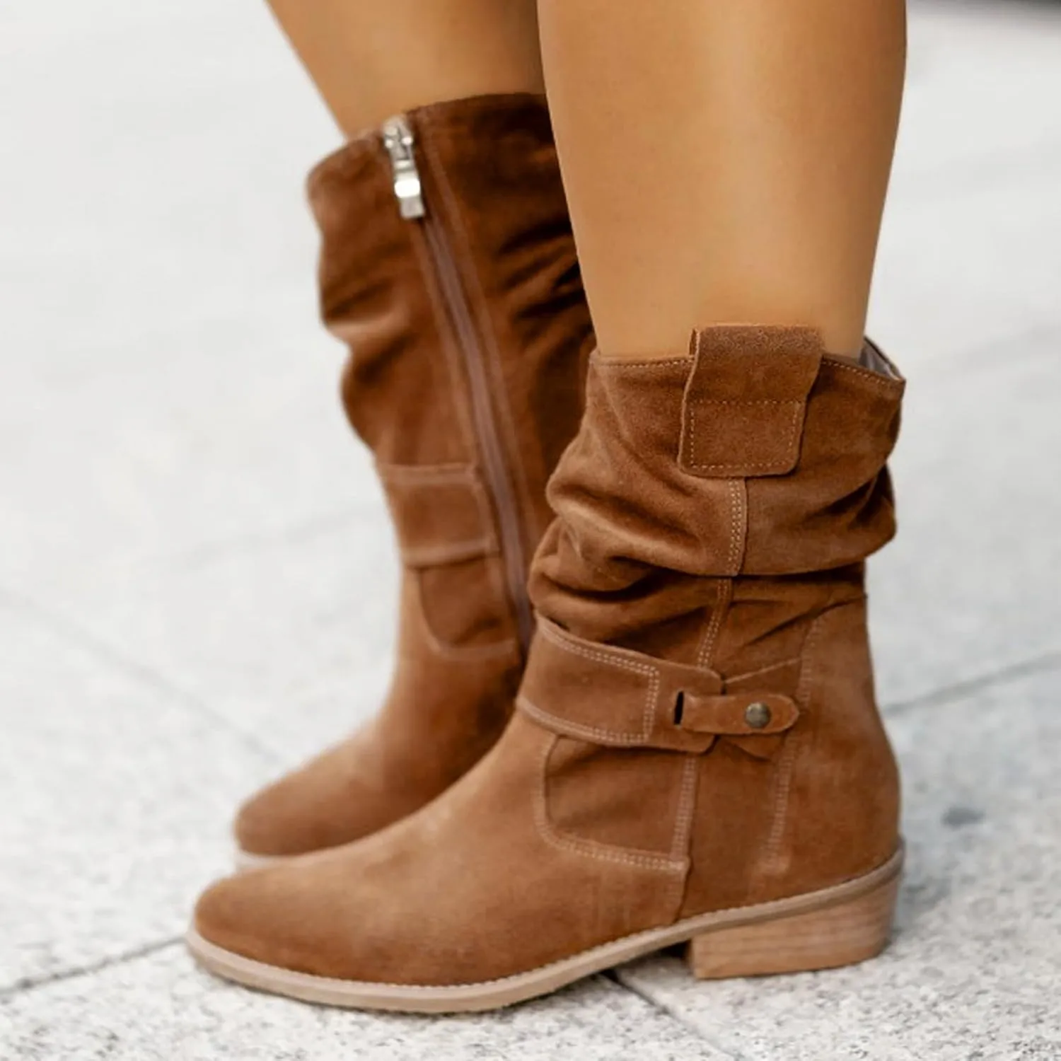 Cowboy Boots for Women Casual Mid Calf Flat Boots Pull on Round Toe Side Zip Cowgirl Fall and Winter Fashion Boots
