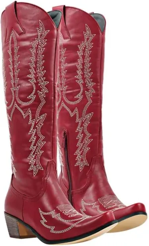 Cowboy Boots for Women Red Western Cowgirl Boots, Pointed Toe, Mid Calf, Knee High