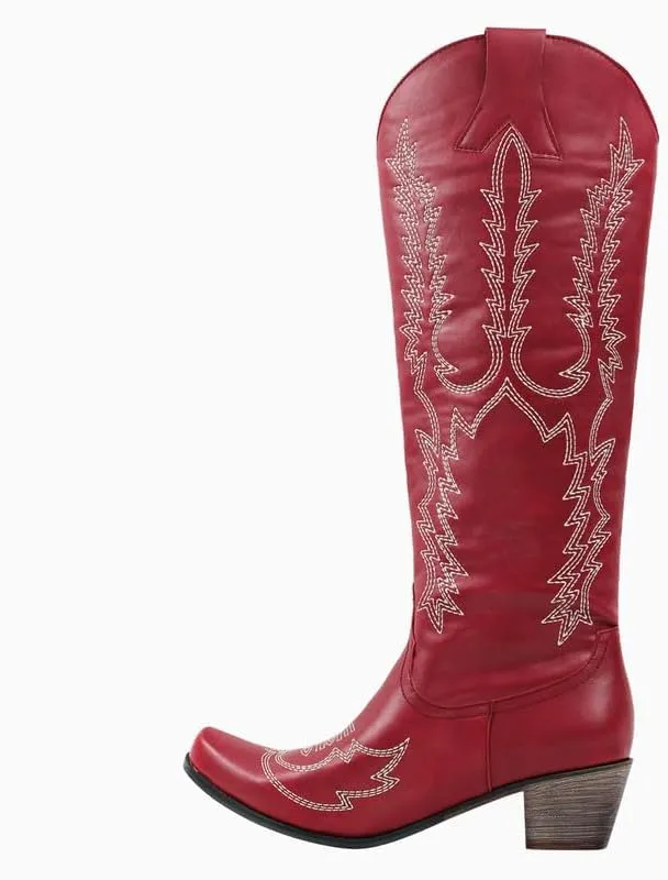 Cowboy Boots for Women Red Western Cowgirl Boots, Pointed Toe, Mid Calf, Knee High