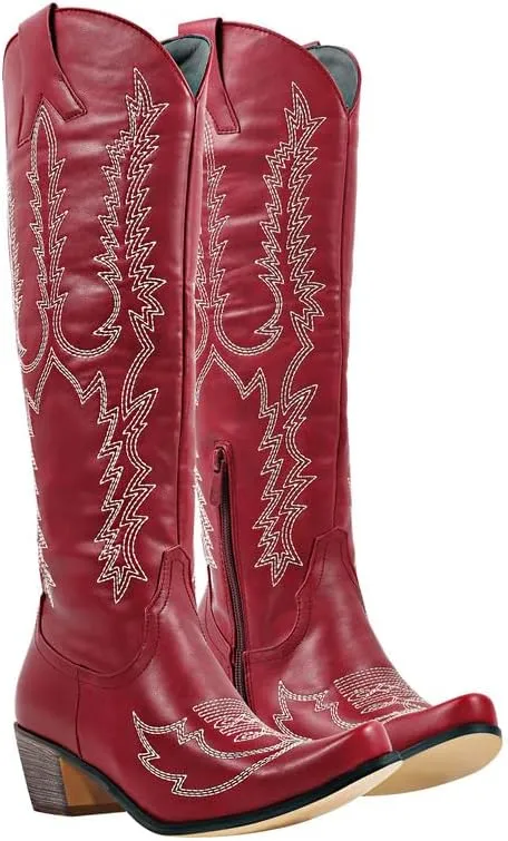 Cowboy Boots for Women Red Western Cowgirl Boots, Pointed Toe, Mid Calf, Knee High