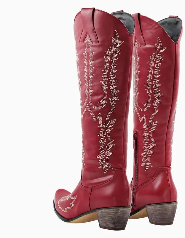 Cowboy Boots for Women Red Western Cowgirl Boots, Pointed Toe, Mid Calf, Knee High