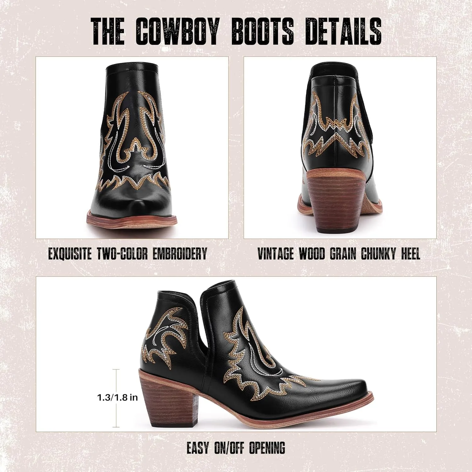 Cowboy Boots for Women - Western Ankle Boots, Chunky Heels Fall Short Booties (UNDERSIZE: PLEASE SELECT SIZE UP)