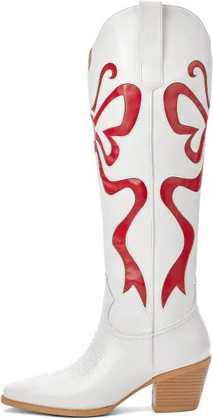Cowgirl Boots - Womens Cowboy Boots with Colorful Bows Embroidered Western White Knee-High Boots Fashion Pull On Almond Toe Chunky Heel Country Tall Boots