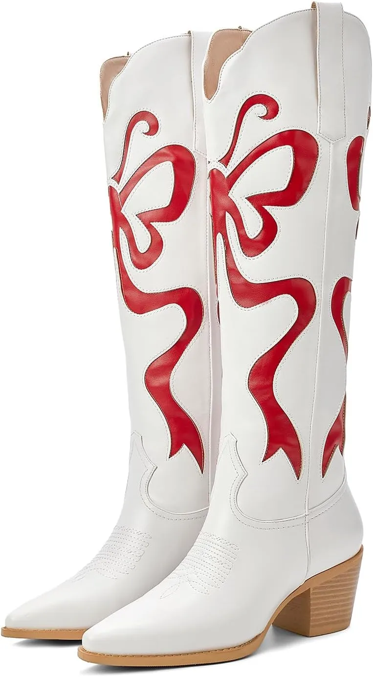 Cowgirl Boots - Womens Cowboy Boots with Colorful Bows Embroidered Western White Knee-High Boots Fashion Pull On Almond Toe Chunky Heel Country Tall Boots
