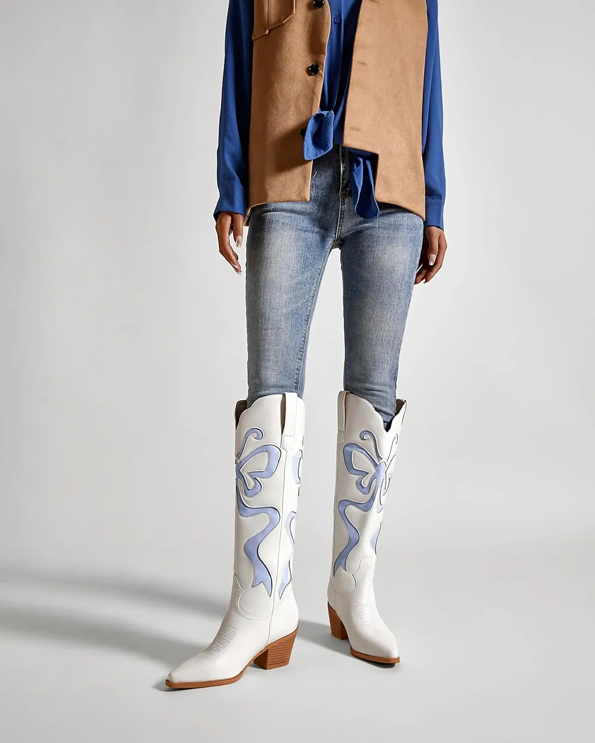Cowgirl Boots - Womens Cowboy Boots with Colorful Bows Embroidered Western White Knee-High Boots Fashion Pull On Almond Toe Chunky Heel Country Tall Boots