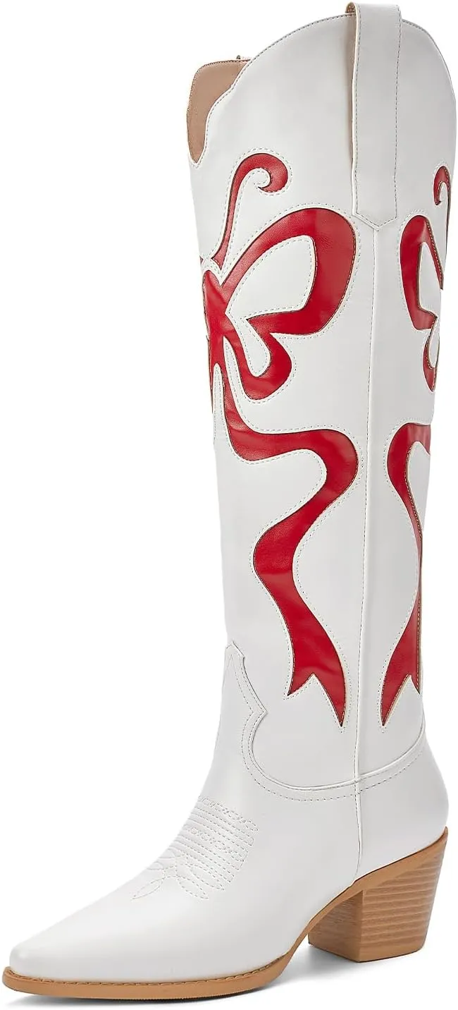 Cowgirl Boots - Womens Cowboy Boots with Colorful Bows Embroidered Western White Knee-High Boots Fashion Pull On Almond Toe Chunky Heel Country Tall Boots