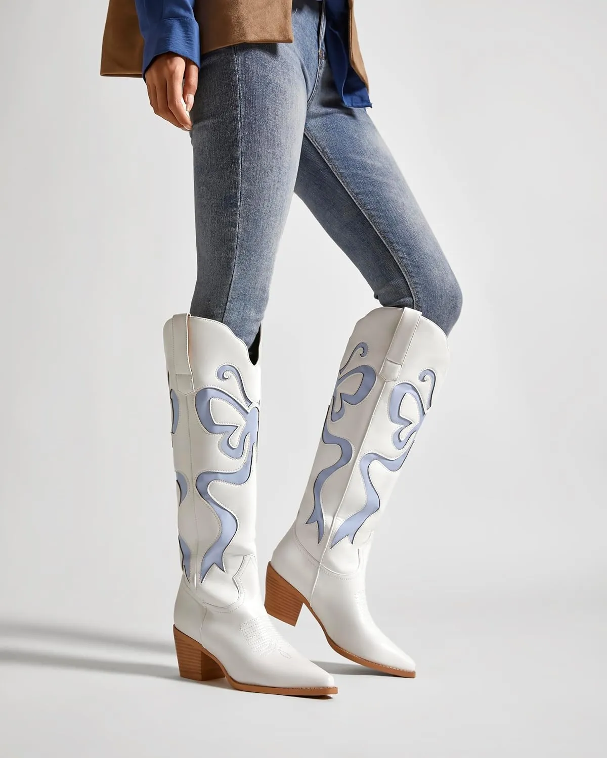 Cowgirl Boots - Womens Cowboy Boots with Colorful Bows Embroidered Western White Knee-High Boots Fashion Pull On Almond Toe Chunky Heel Country Tall Boots
