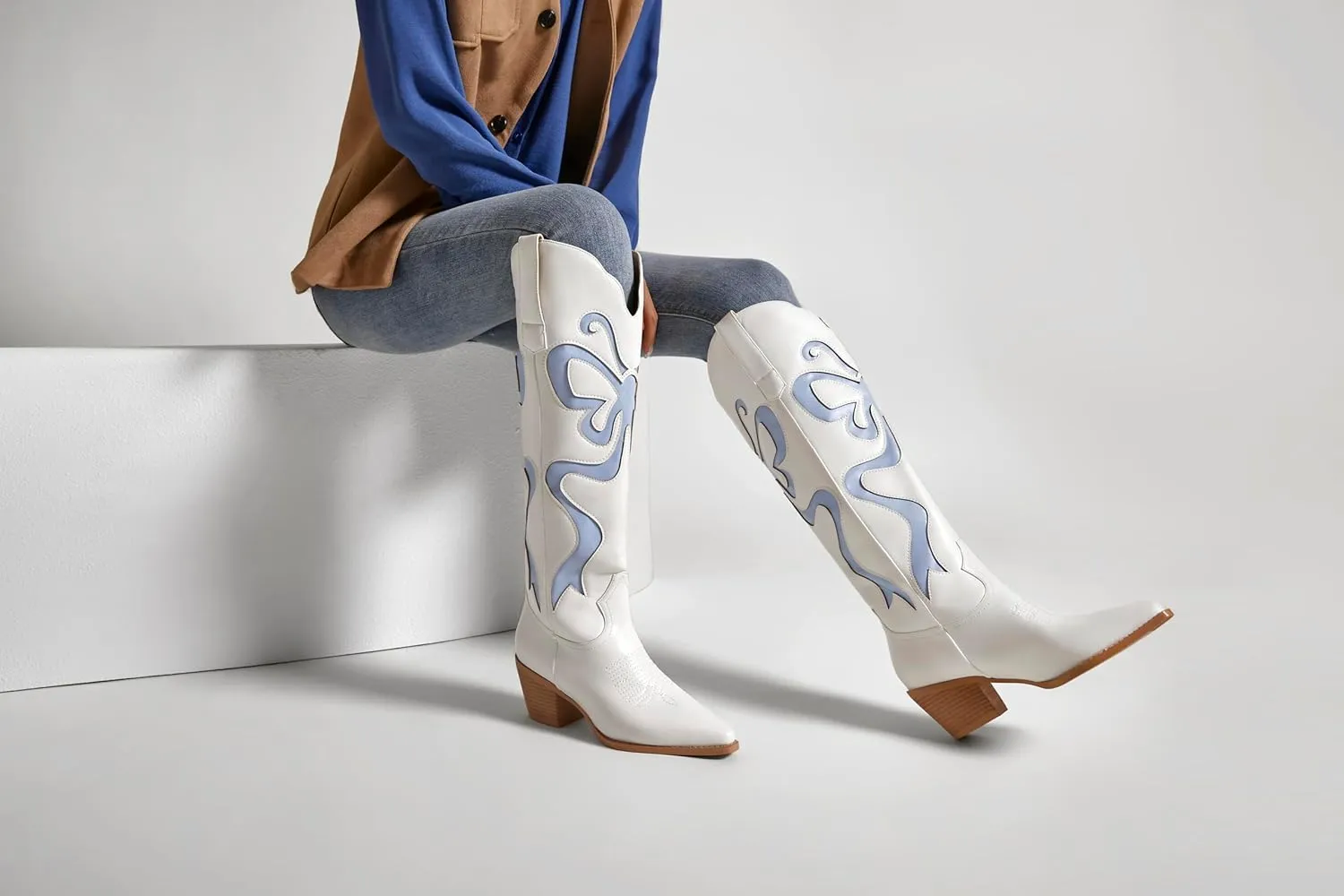 Cowgirl Boots - Womens Cowboy Boots with Colorful Bows Embroidered Western White Knee-High Boots Fashion Pull On Almond Toe Chunky Heel Country Tall Boots