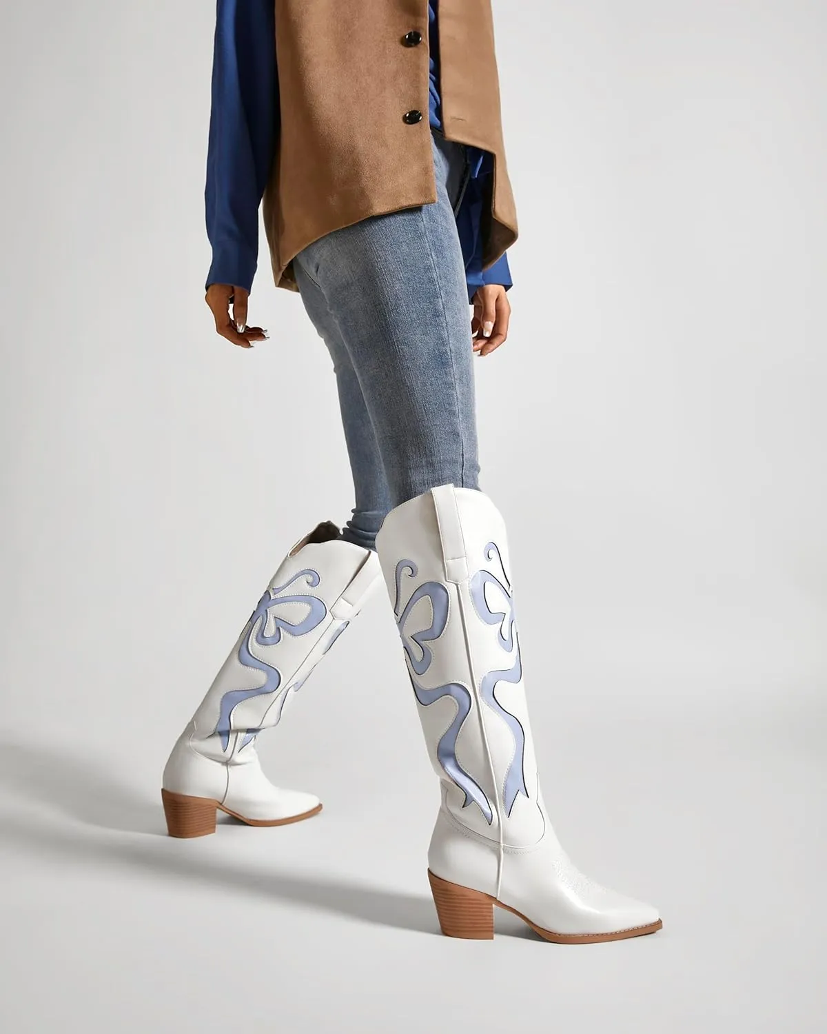 Cowgirl Boots - Womens Cowboy Boots with Colorful Bows Embroidered Western White Knee-High Boots Fashion Pull On Almond Toe Chunky Heel Country Tall Boots