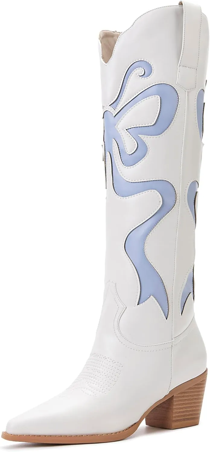 Cowgirl Boots - Womens Cowboy Boots with Colorful Bows Embroidered Western White Knee-High Boots Fashion Pull On Almond Toe Chunky Heel Country Tall Boots