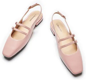 C.Paravano Women's Slingback Flats | Sandals Square Toe Dress Shoes | Flat Heel Double Strap Shoes for Business, Wedding, Cocktail Party