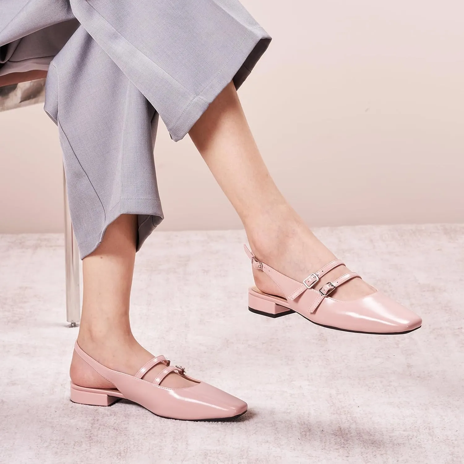C.Paravano Women's Slingback Flats | Sandals Square Toe Dress Shoes | Flat Heel Double Strap Shoes for Business, Wedding, Cocktail Party