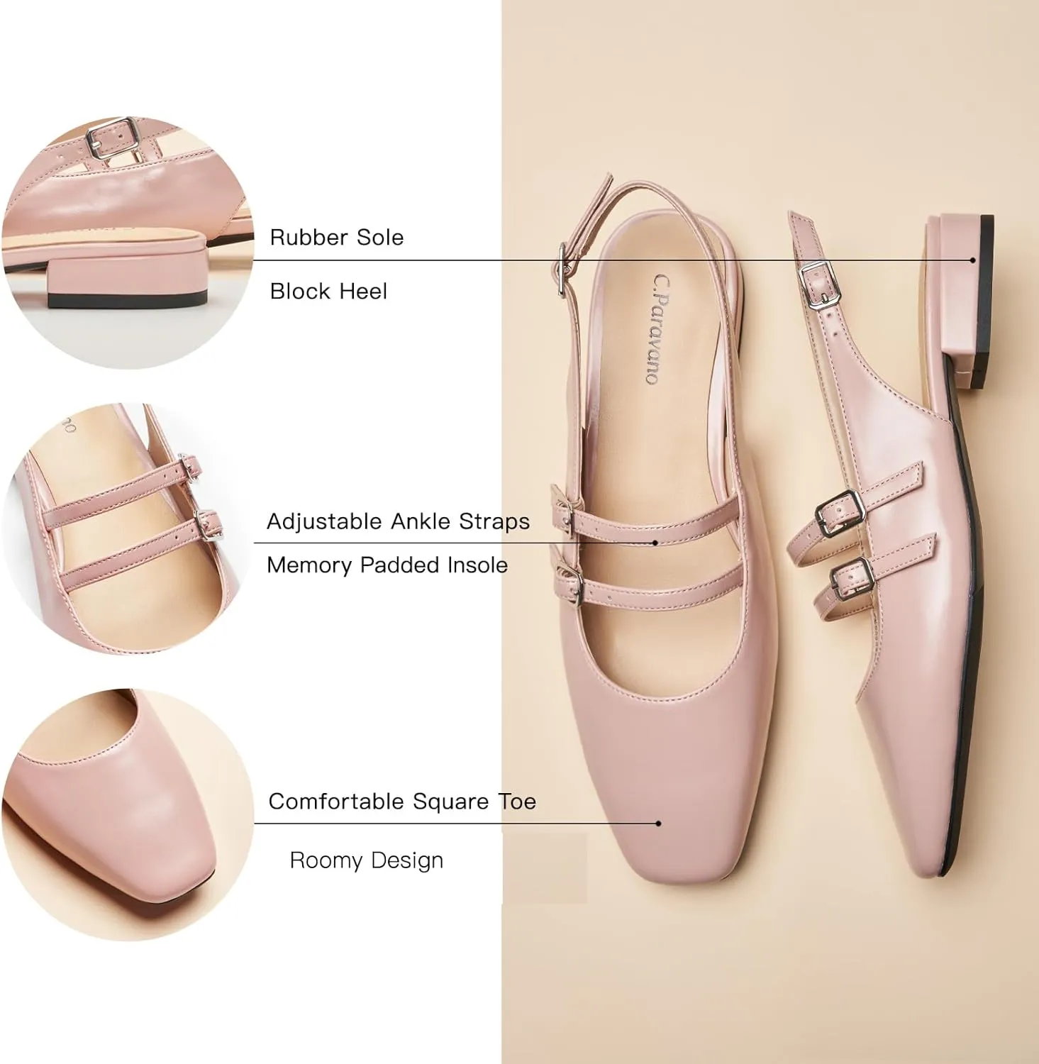 C.Paravano Women's Slingback Flats | Sandals Square Toe Dress Shoes | Flat Heel Double Strap Shoes for Business, Wedding, Cocktail Party