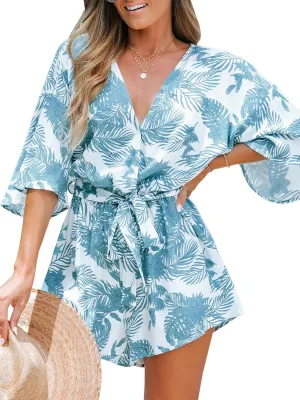 CUPSHE Women's Lace Up Leopard Print Romper Short Sleeves Jumpsuits Wide leg Outfit