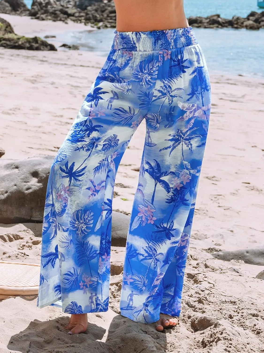 CUPSHE Womens Wide Leg Pants Elastic High Waisted Beach Trousers Cotton Linen Summer Palazzo