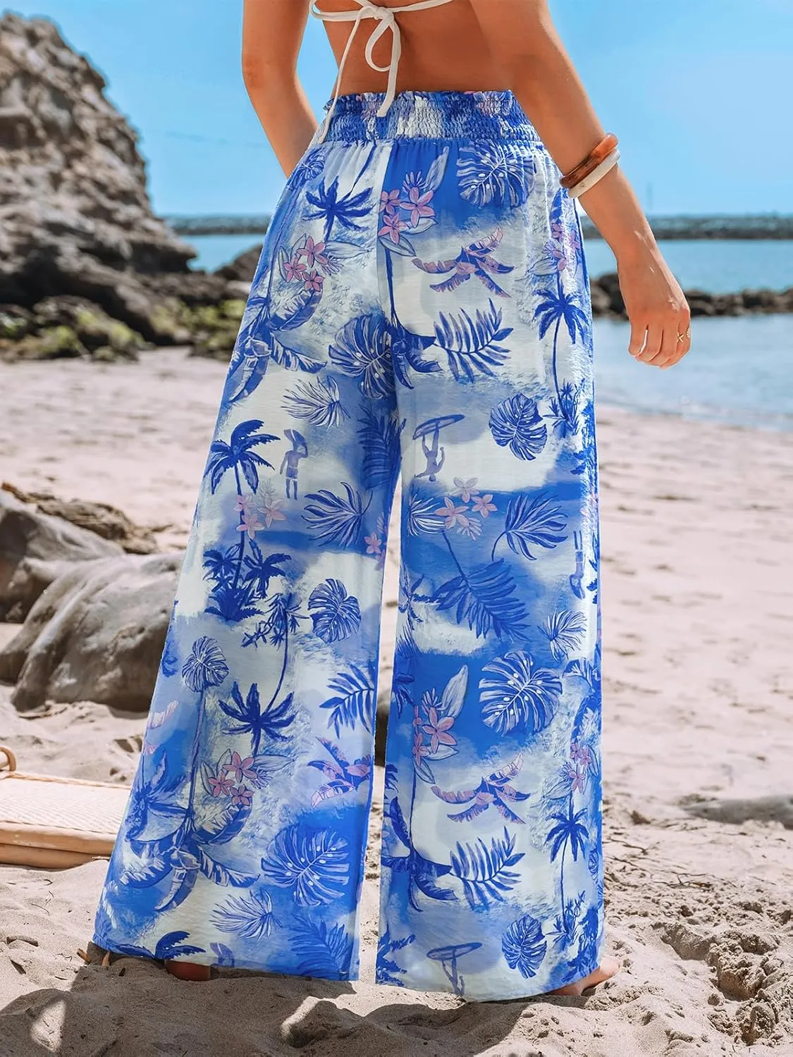 CUPSHE Womens Wide Leg Pants Elastic High Waisted Beach Trousers Cotton Linen Summer Palazzo