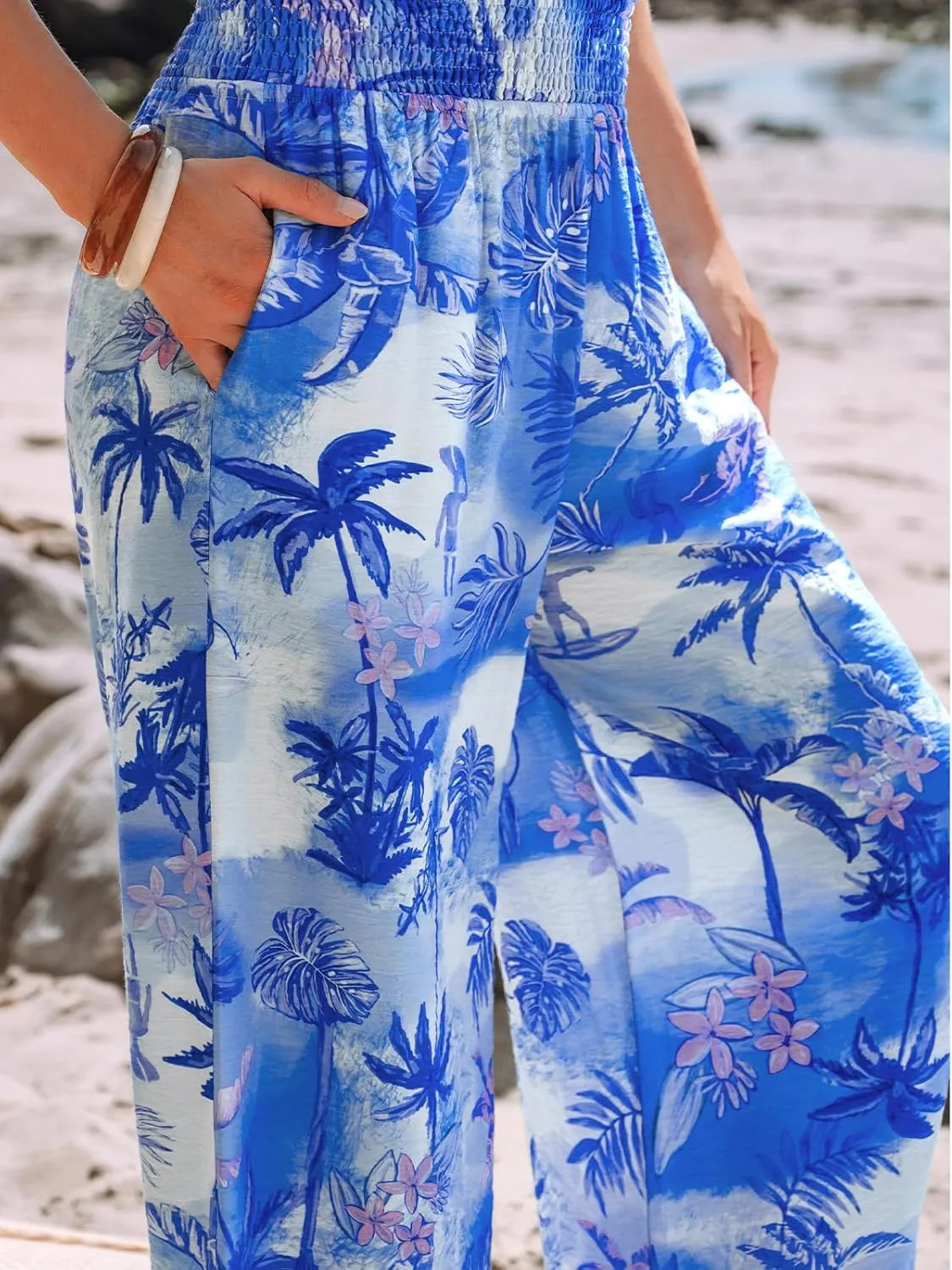 CUPSHE Womens Wide Leg Pants Elastic High Waisted Beach Trousers Cotton Linen Summer Palazzo
