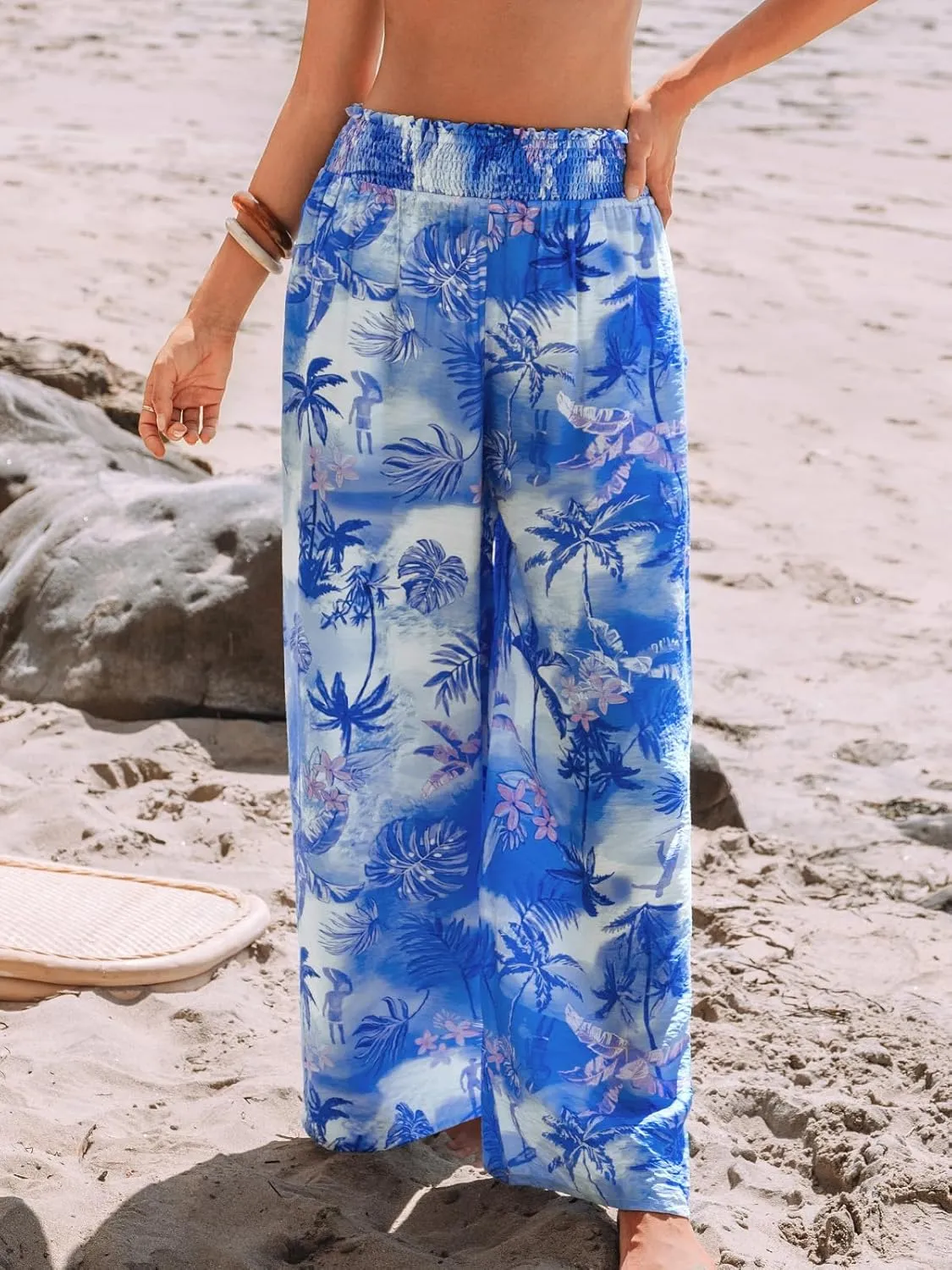 CUPSHE Womens Wide Leg Pants Elastic High Waisted Beach Trousers Cotton Linen Summer Palazzo